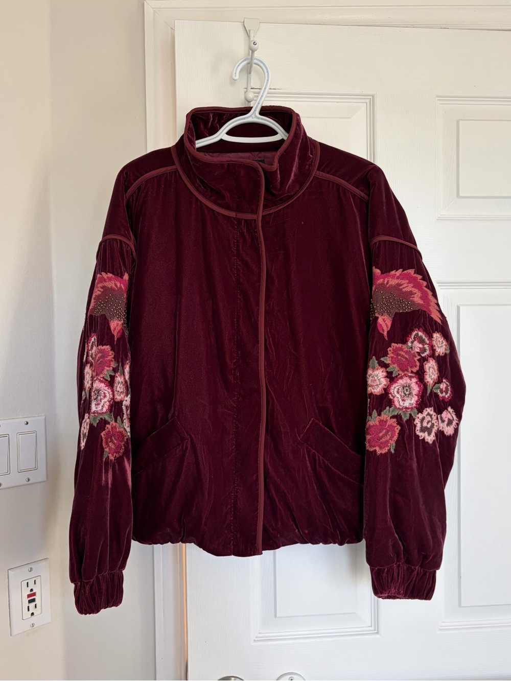 Zara Burgundy Velvet Bomber Jacket with Pink Floral Embroidery